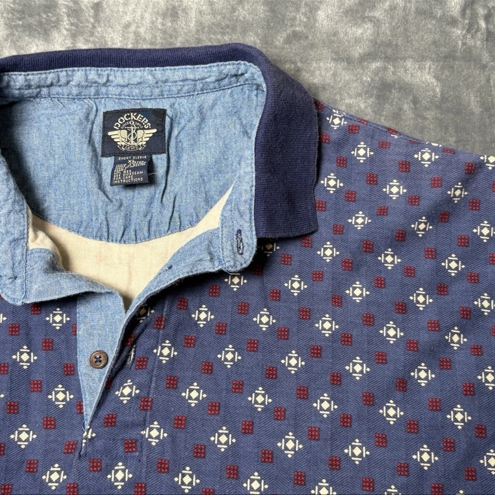 Men’s Vintage Y2K Dockers Short Sleeve Polo Shirt Blue Polka Dot